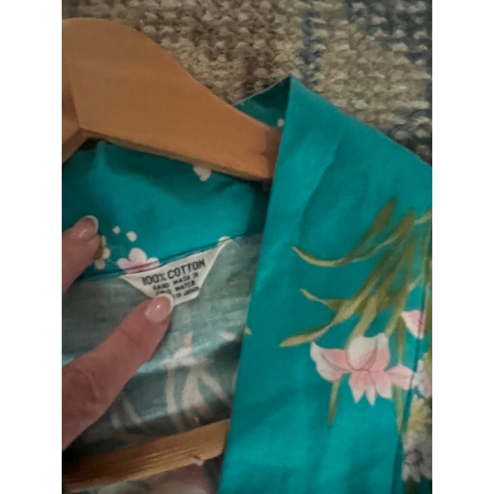 Vintage Japanese Cotton Kimono Robe Teal Pink Floral Chrysanthemum Yukata Japan - Picture 2 of 9